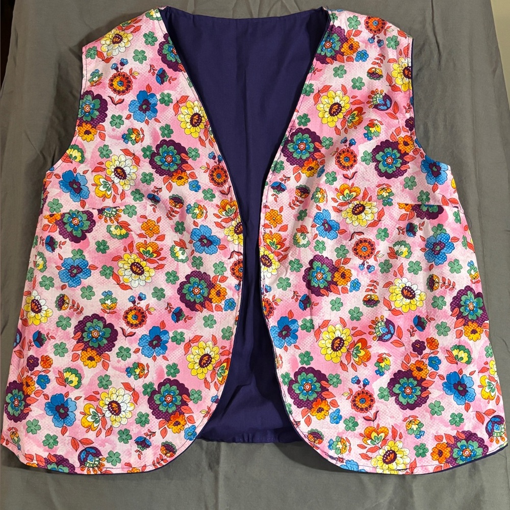 Floral and purple reversible vest  Handmade Cotton Whimsical Teacher Colorful